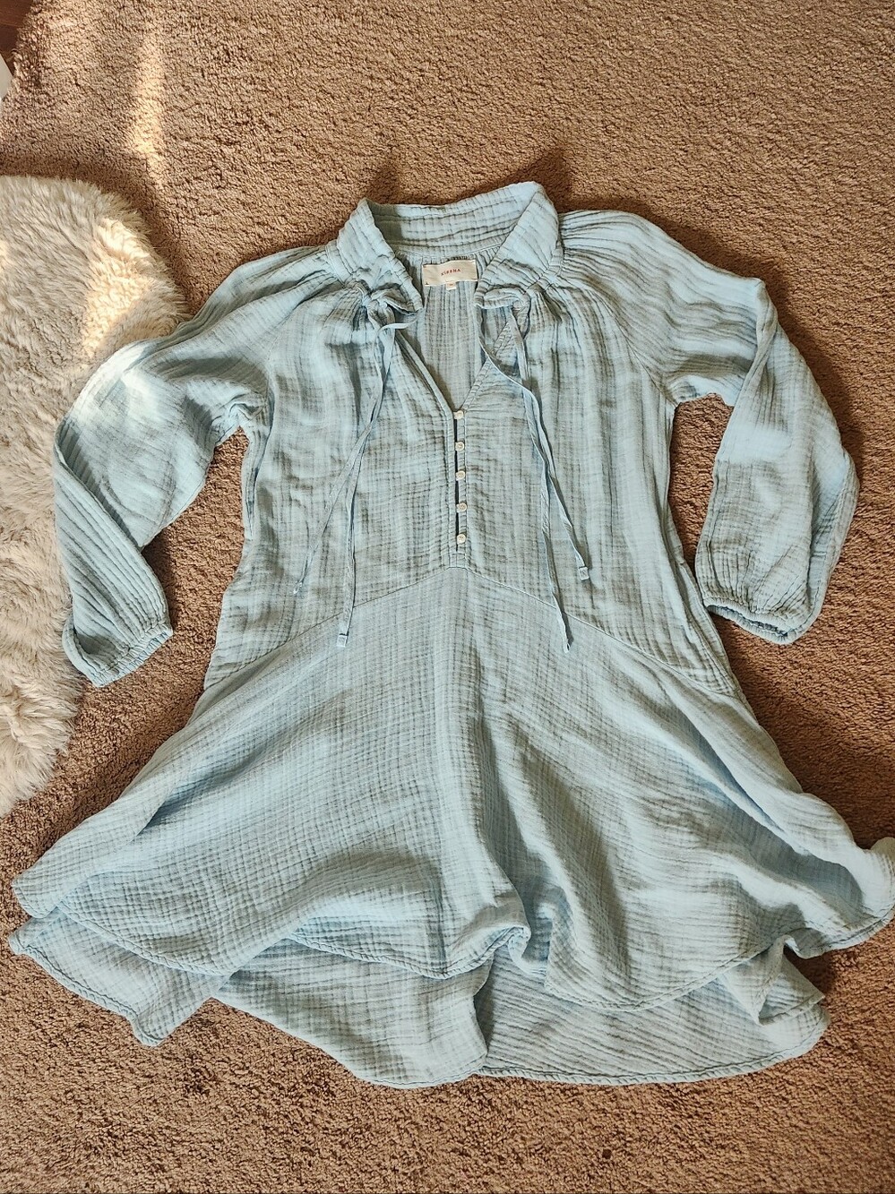 XiRENA Sugar Lola Gauze Cotton Neck Tie Long Sleeve Boho Mini Dress Pockets XS